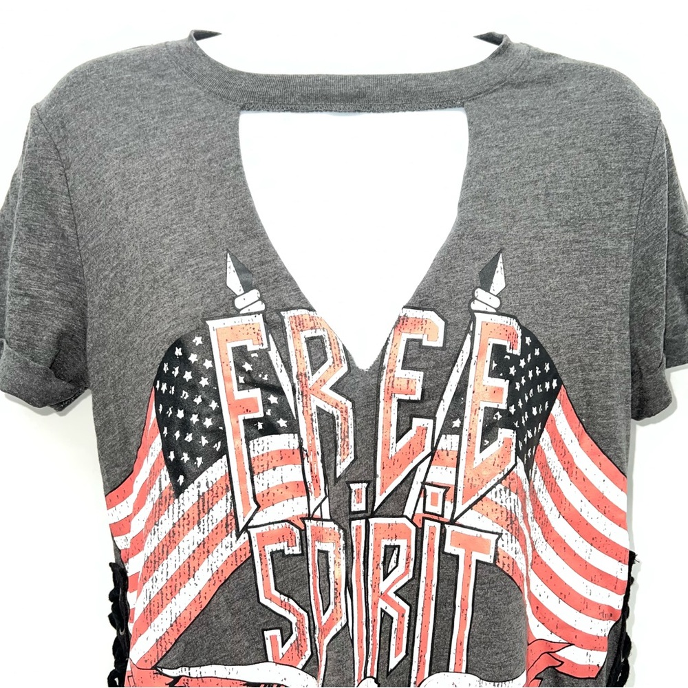 Derek Heart Patriotic Graphic Tee Laces Up The Sides- Charcoal:Crimson-Size S - Picture 5 of 9